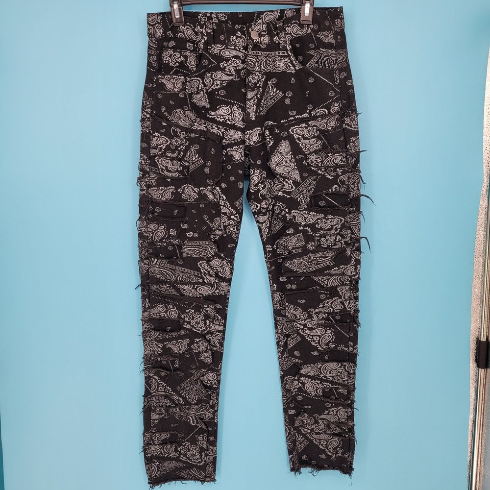 Bandana Paisley Distressed Jeans Mens Size 32 Streetwear Punk Slim Fit denim